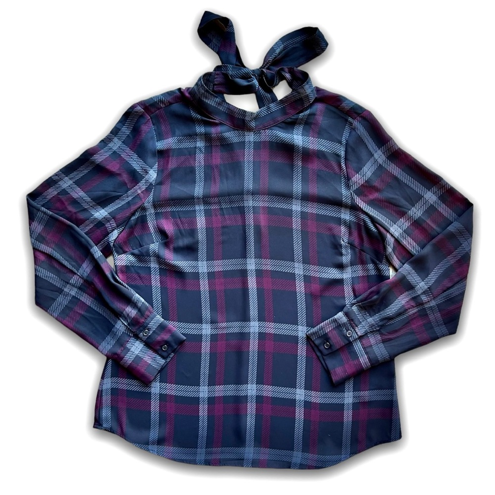 The Limited Burgundy & Black Plaid Tie-Neck Blouse | Size: M